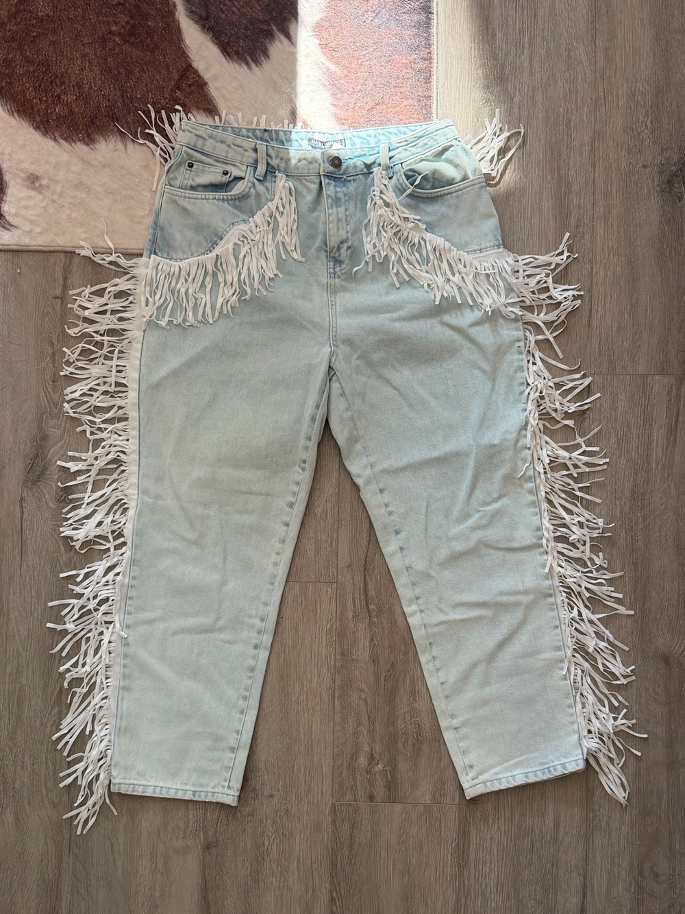 NASTYGAL Fringe Straight Leg Jeans Blue Size 10 NWT